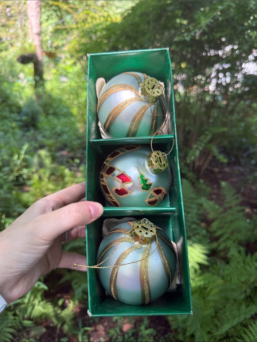 Dansk Light Green and Gold Glass Ornament Set with Red Accents